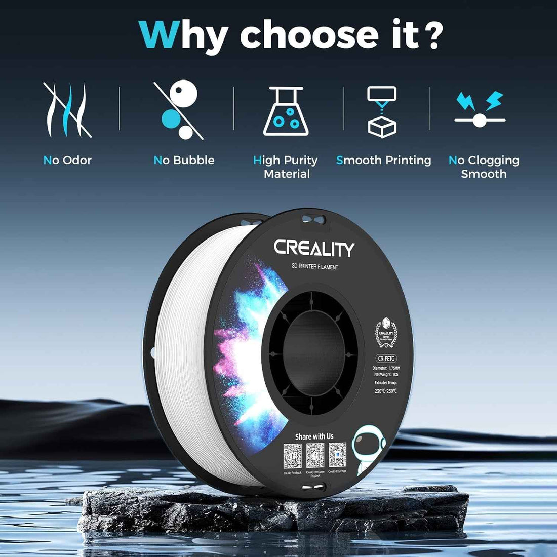Filamento para Impressora 3D Creality CR-PETG Diâmetro 1.75mm 1KG Material Consumível